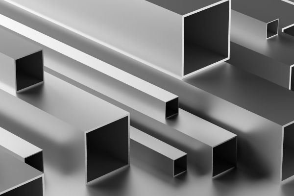 Assorted sizes of ornamental stainless steel square tubing arranged together.