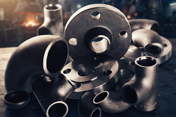 Stainless steel pipe fittings and flanges including elbows, tees, and bolted flange connectors